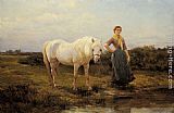 Heywood Hardy Famous Paintings - Noonday taking a Horse to Water